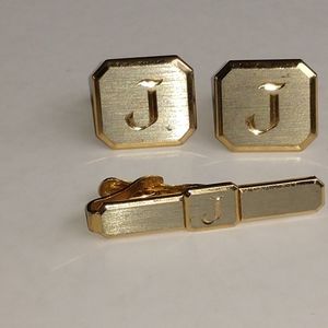 Swank Gold Cuff Links Tie Clip Monogram J Vintage Set